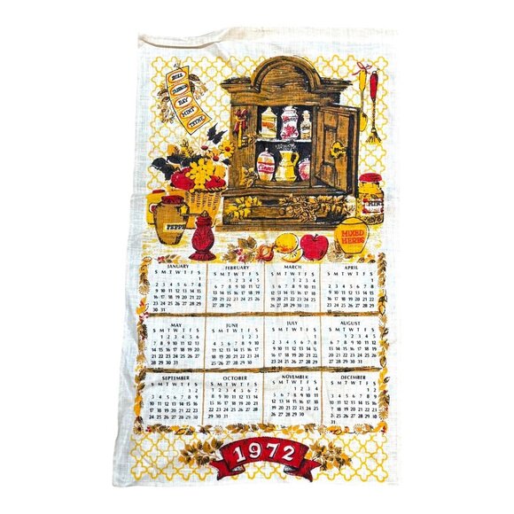Vintage 1972 Linen Kitchen Calendar Tea Towel Rustic Pantry Cottage Core Boho - Picture 1 of 5
